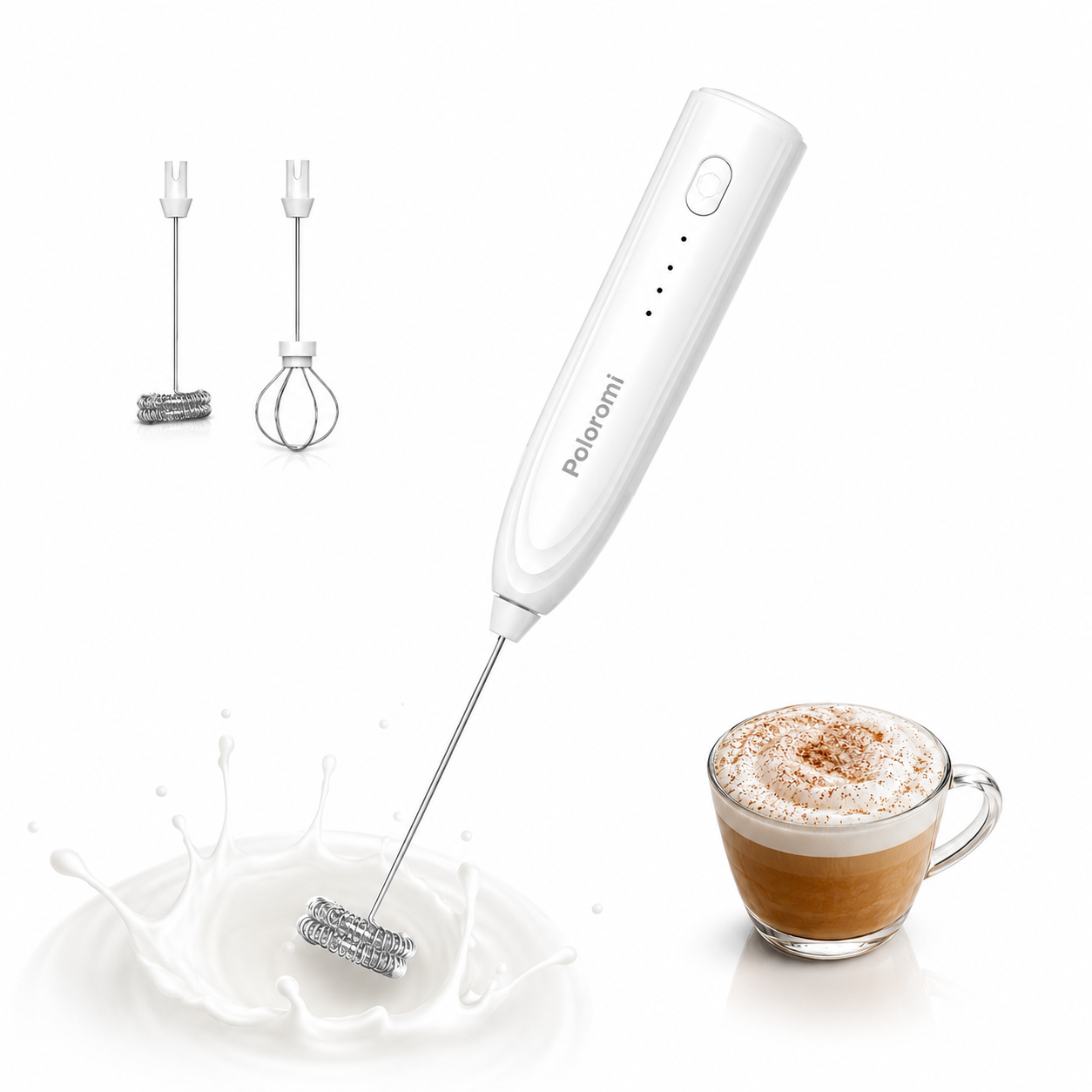 Poloromi | Rechargeable Milk Frother Handheld, Electric Whisk with 3 Speeds, Hand Drink Mixer with 2 Heads, Portable Coffee Frother Wand Handheld for Coffee, Lattes, Cappuccino, Eggs