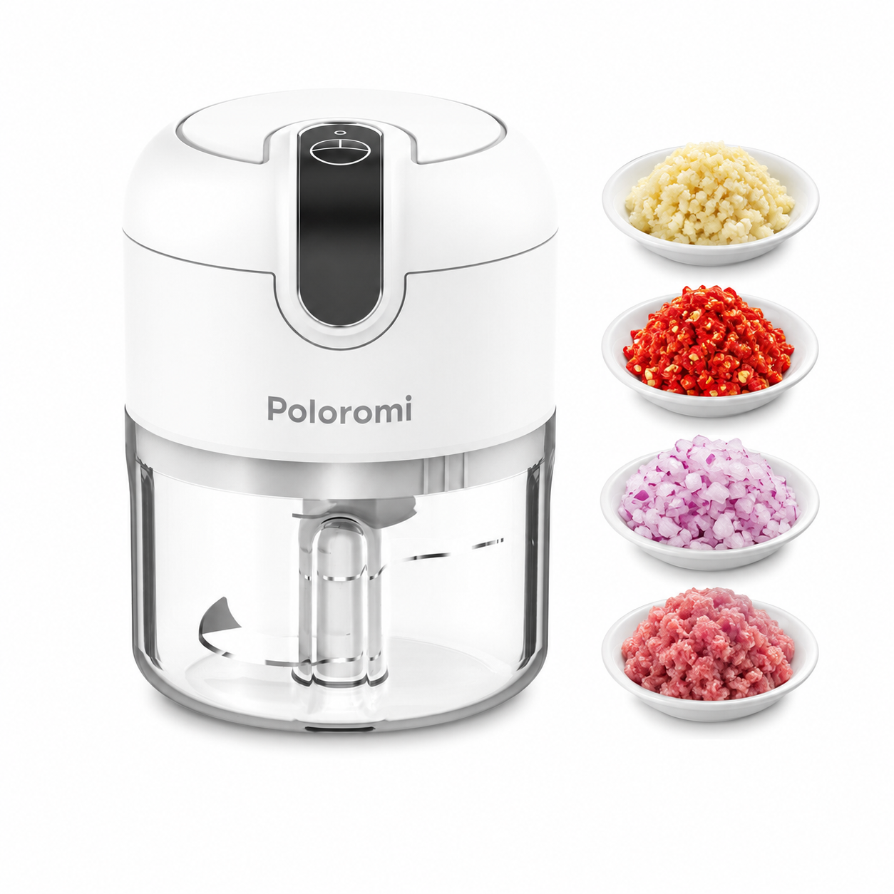 Poloromi | Electric Food Processor, 250ML Cordless Mini Chopper, Rechargeable Garlic Mincer with Stainless Steel Blades, Portable Veggie Chopper for Onion, Ginger, Chili, Herbs, White