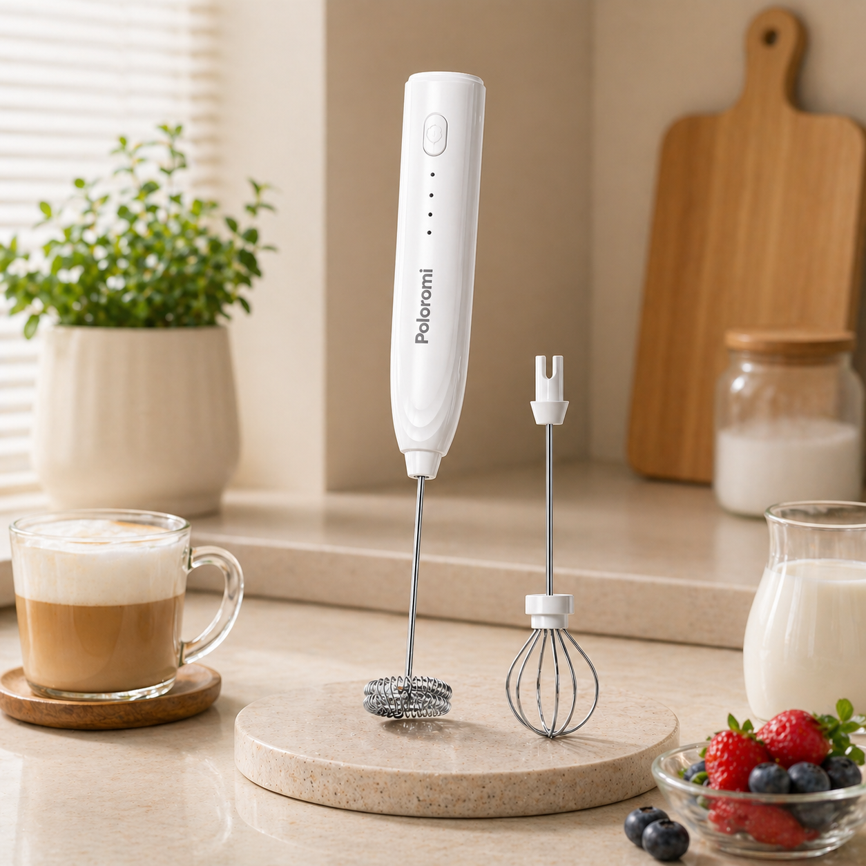 Poloromi | Rechargeable Milk Frother Handheld, Electric Whisk with 3 Speeds, Hand Drink Mixer with 2 Heads, Portable Coffee Frother Wand Handheld for Coffee, Lattes, Cappuccino, Eggs