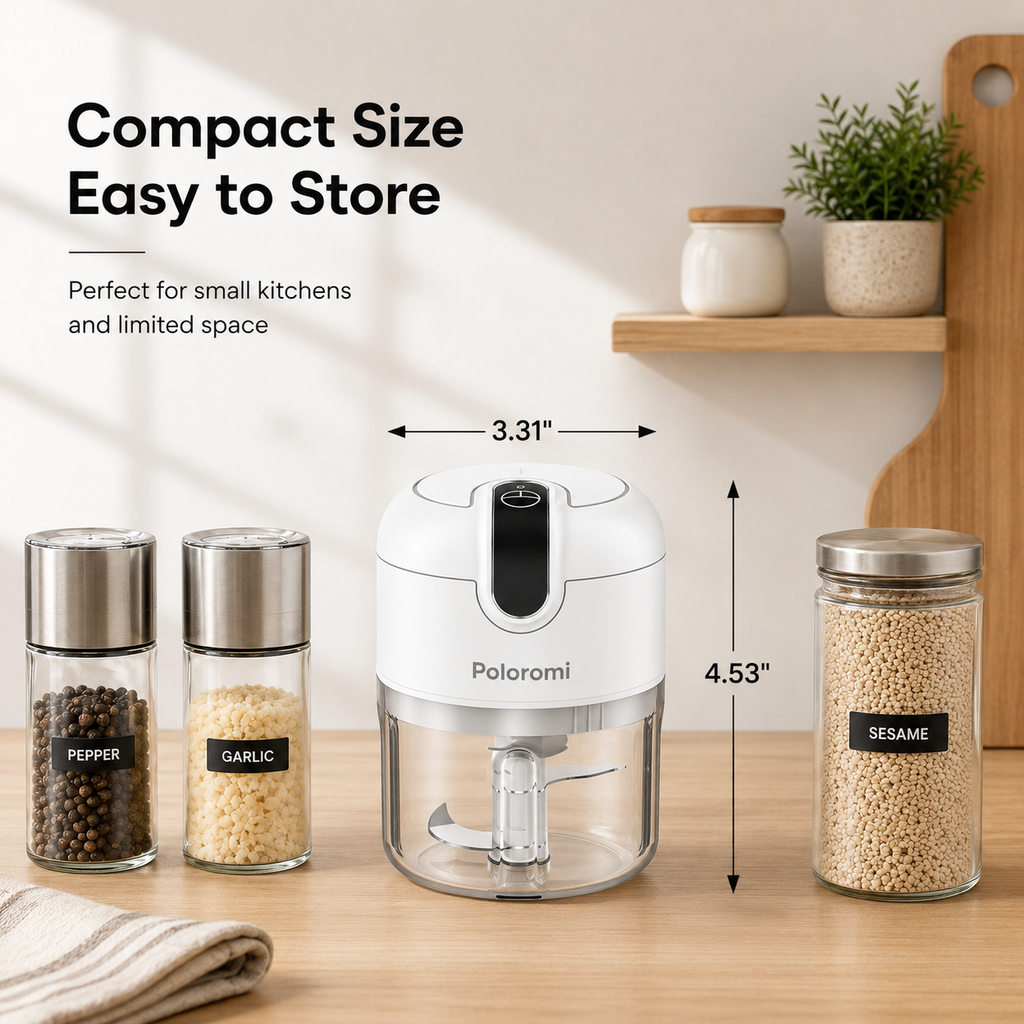 Poloromi | Electric Food Processor, 250ML Cordless Mini Chopper, Rechargeable Garlic Mincer with Stainless Steel Blades, Portable Veggie Chopper for Onion, Ginger, Chili, Herbs, White