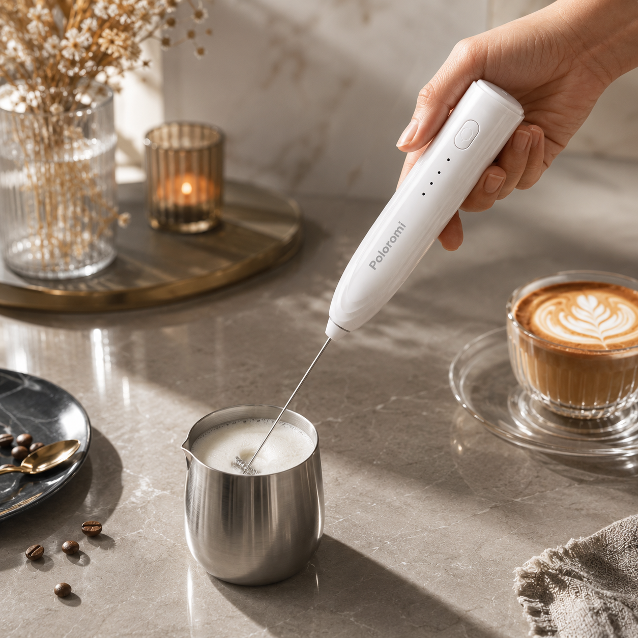 Poloromi | Rechargeable Milk Frother Handheld, Electric Whisk with 3 Speeds, Hand Drink Mixer with 2 Heads, Portable Coffee Frother Wand Handheld for Coffee, Lattes, Cappuccino, Eggs