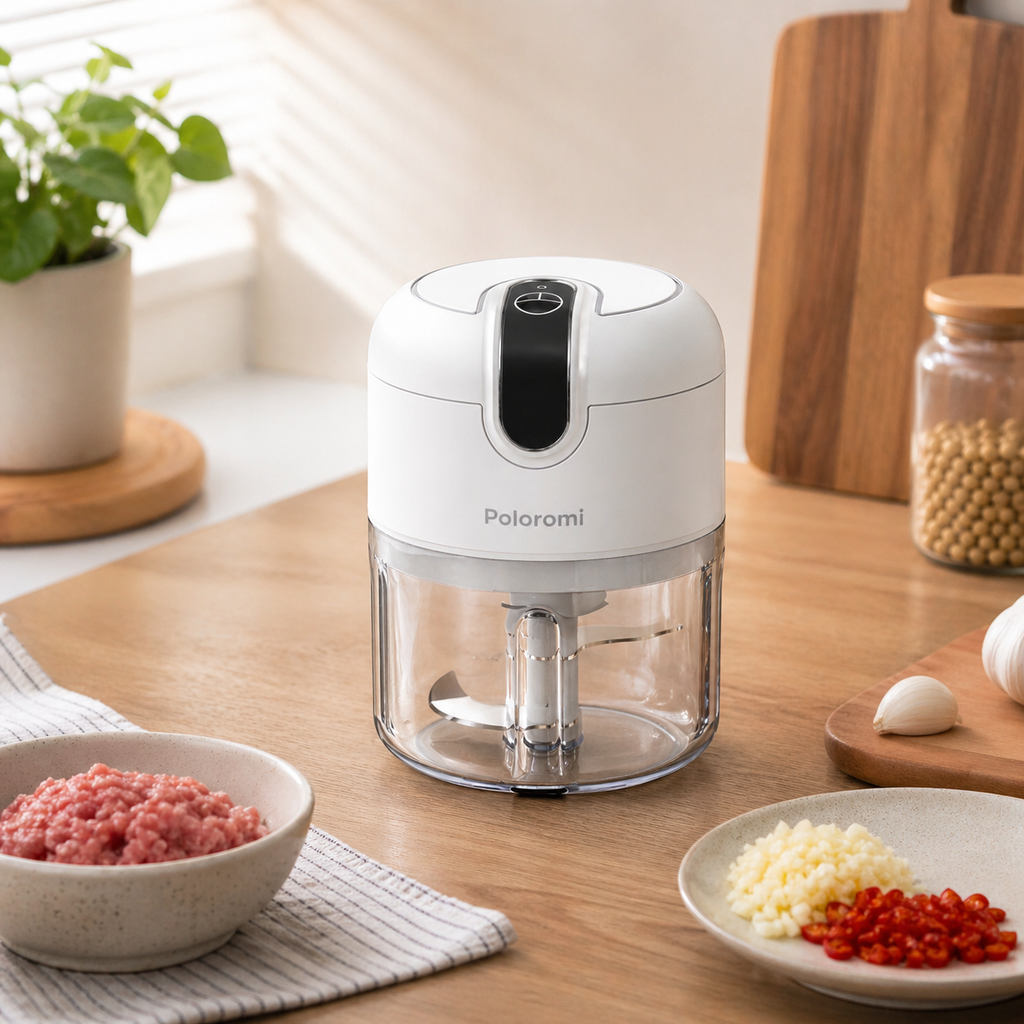 Poloromi | Electric Food Processor, 250ML Cordless Mini Chopper, Rechargeable Garlic Mincer with Stainless Steel Blades, Portable Veggie Chopper for Onion, Ginger, Chili, Herbs, White
