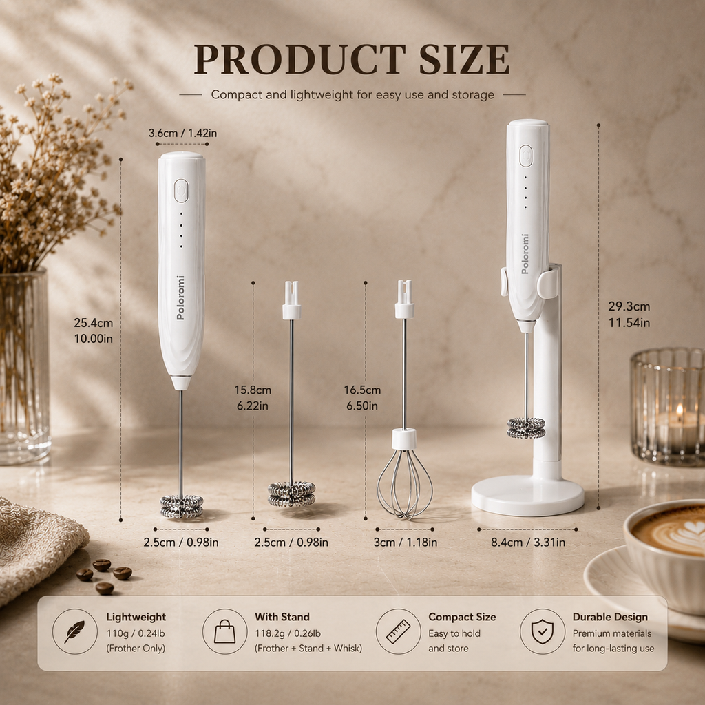 Poloromi | Rechargeable Milk Frother Handheld, Electric Whisk with 3 Speeds, Hand Drink Mixer with 2 Heads, Portable Coffee Frother Wand Handheld for Coffee, Lattes, Cappuccino, Eggs