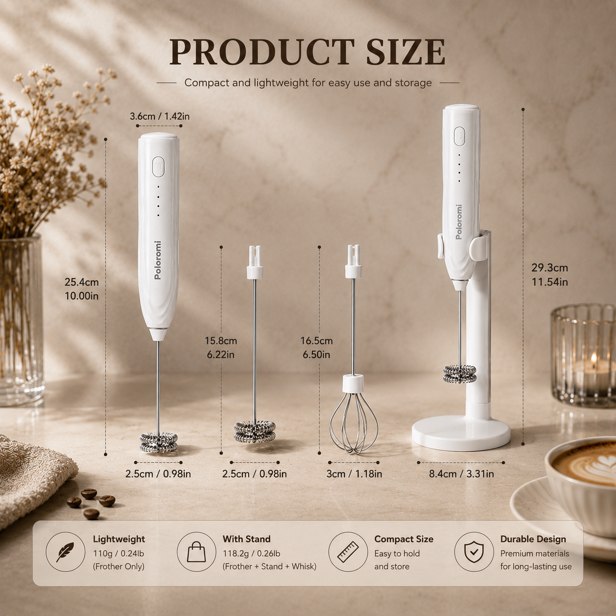 Poloromi | Rechargeable Milk Frother Handheld, Electric Whisk with 3 Speeds, Hand Drink Mixer with 2 Heads, Portable Coffee Frother Wand Handheld for Coffee, Lattes, Cappuccino, Eggs