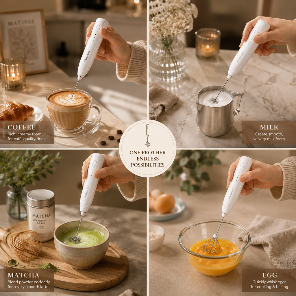 Poloromi | Rechargeable Milk Frother Handheld, Electric Whisk with 3 Speeds, Hand Drink Mixer with 2 Heads, Portable Coffee Frother Wand Handheld for Coffee, Lattes, Cappuccino, Eggs